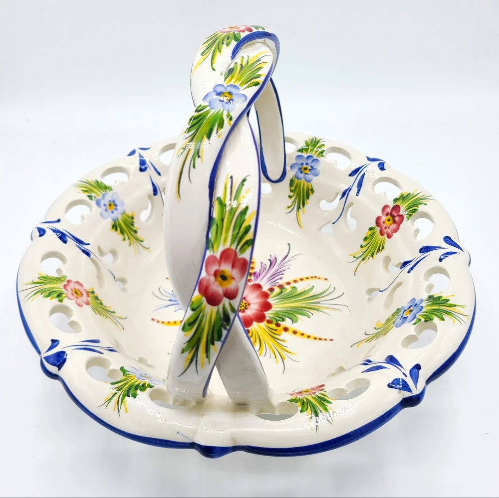 Antique Portugal Vibrant Cobalt Blue White Floral Ceramic Hand Painted Basket - Picture 3 of 7